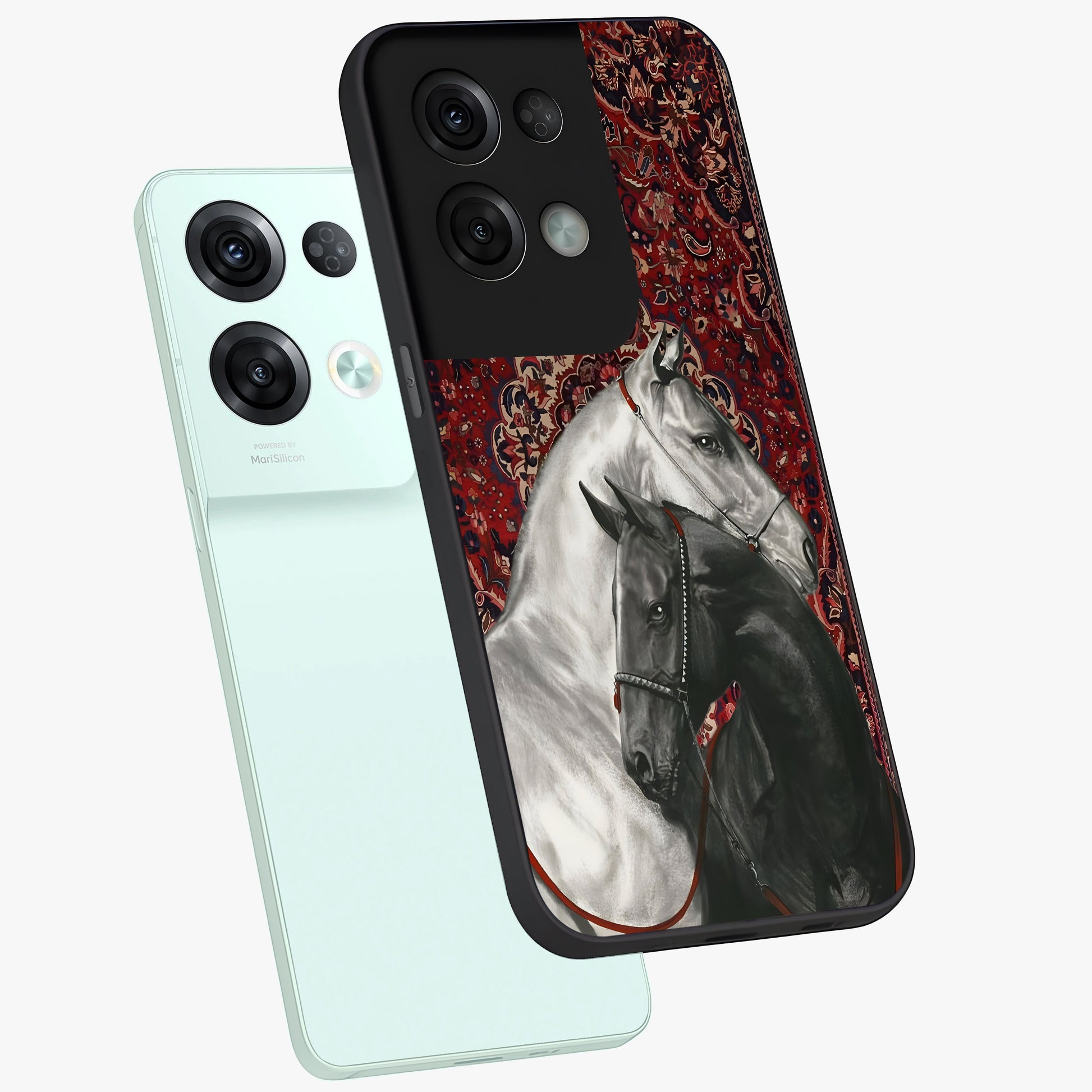 Regal Stallion Tapestry Glass Case displayed in angled mockup highlighting royal stallion design with decorative heritage aesthetic.