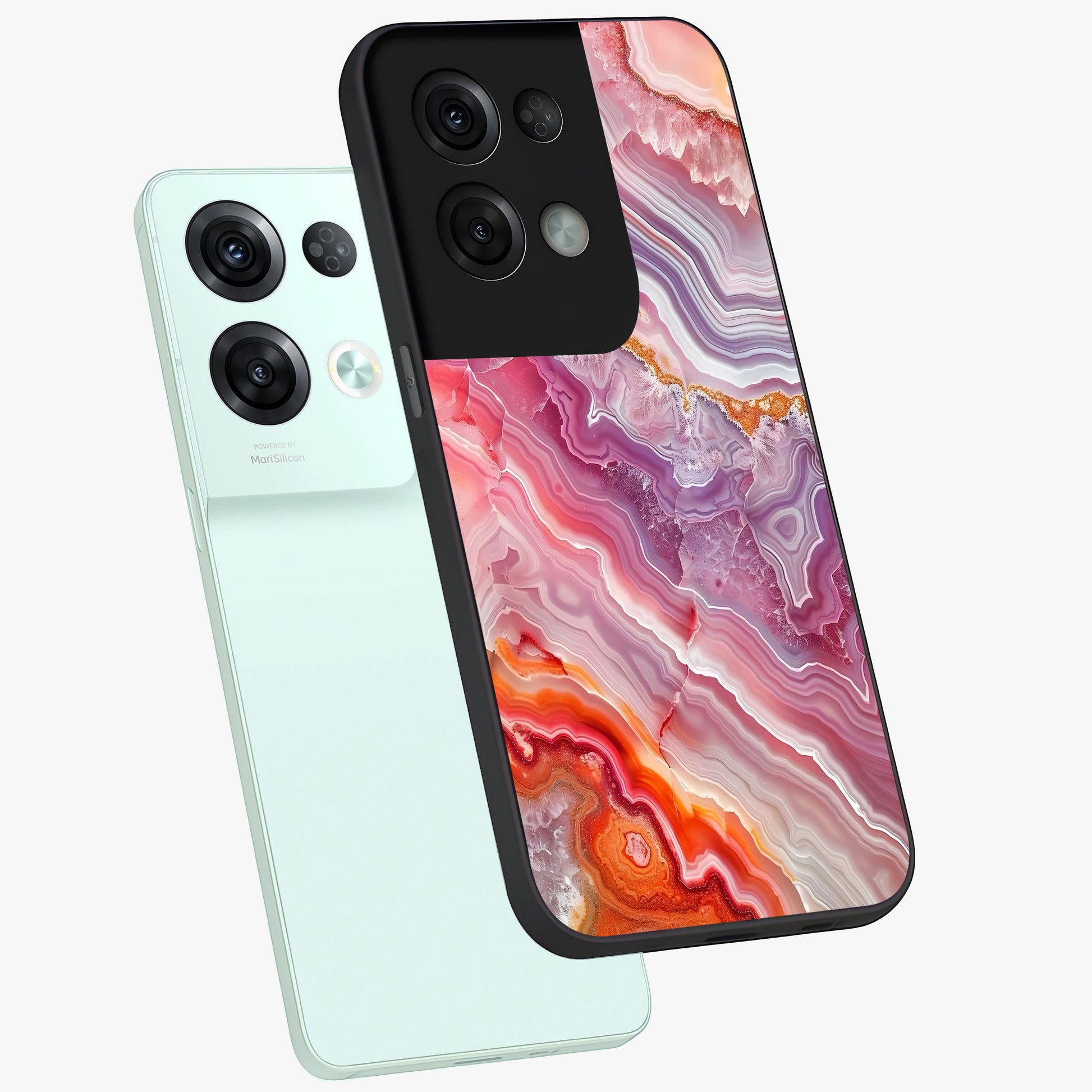 Rose Quartz Marble Glass Case displayed in angled mockup highlighting elegant marble pattern with soft aesthetic style.