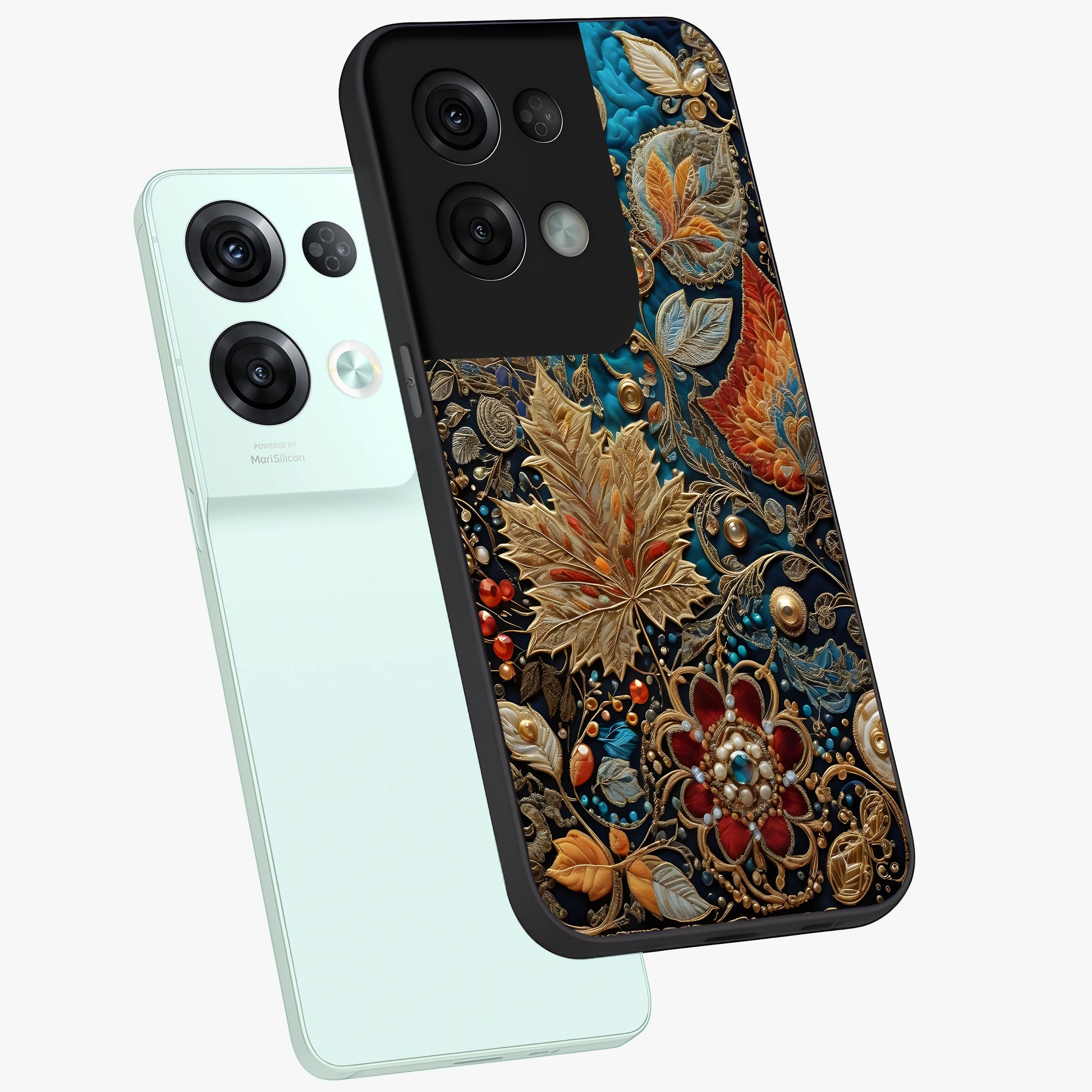 Royal Jewel Garden Glass Case displayed in angled mockup highlighting vibrant jewel inspired floral design with elegant aesthetic.