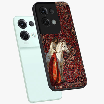 Royal Rider Tapestry Glass Case displayed in angled mockup highlighting traditional tapestry design with royal heritage aesthetic.