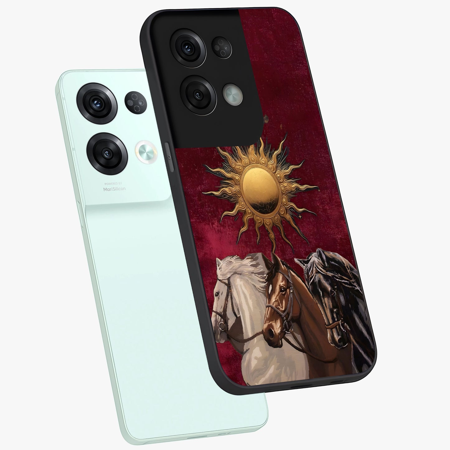 Solar Riders Glass Case displayed in angled mockup highlighting powerful rider illustration with radiant solar aesthetic.