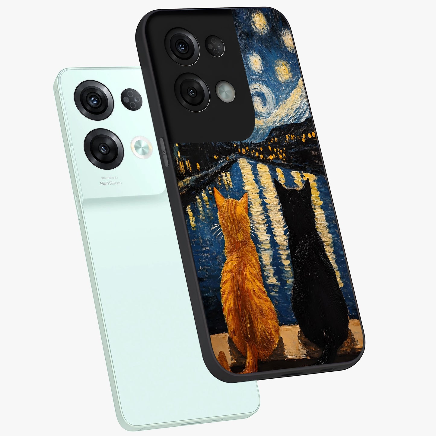 Starry River Cats Glass Case displayed in angled mockup highlighting charming feline illustration with dreamy night aesthetic.