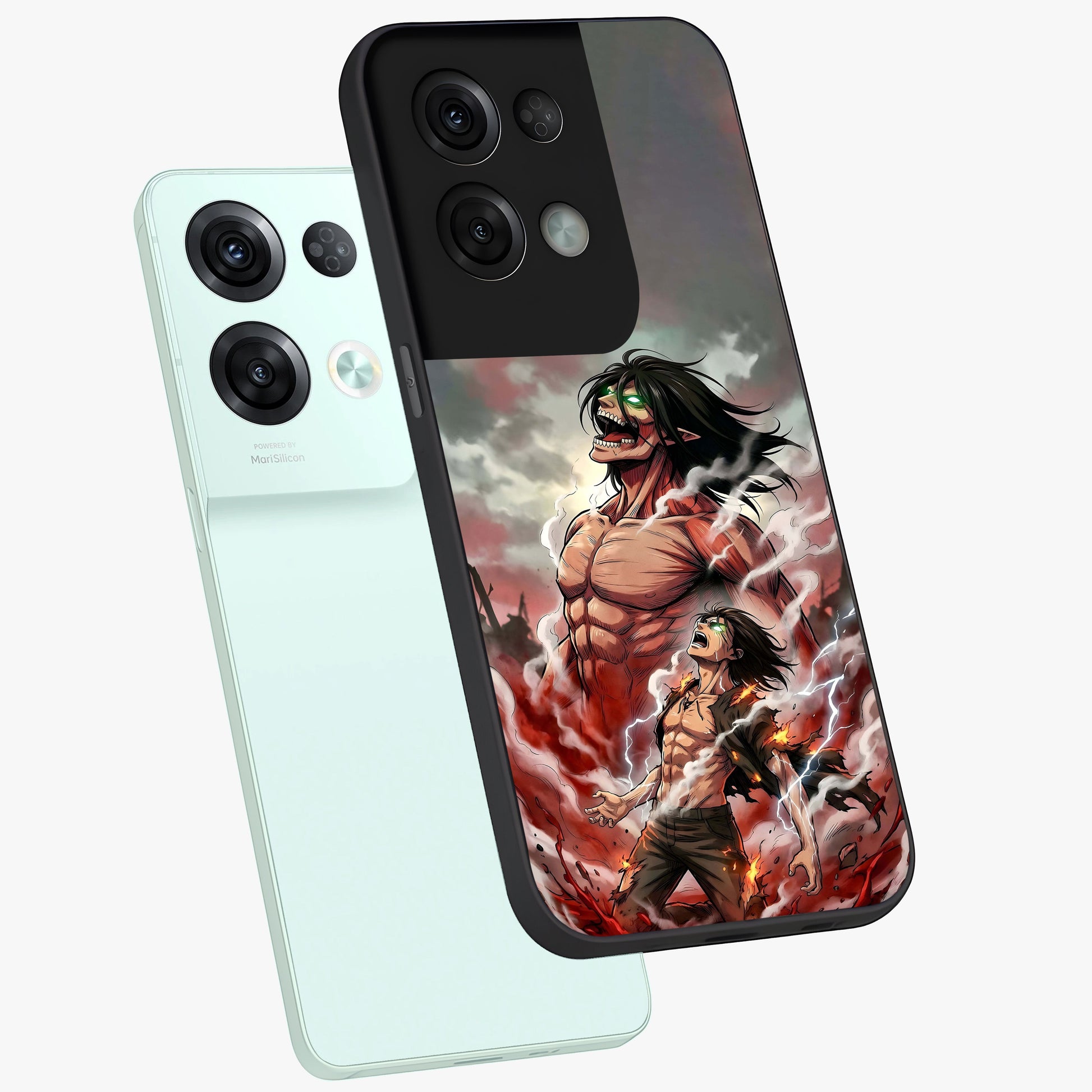 Titan Awakening Fury Glass Case displayed in angled mockup highlighting dramatic giant warrior design with bold anime aesthetic.