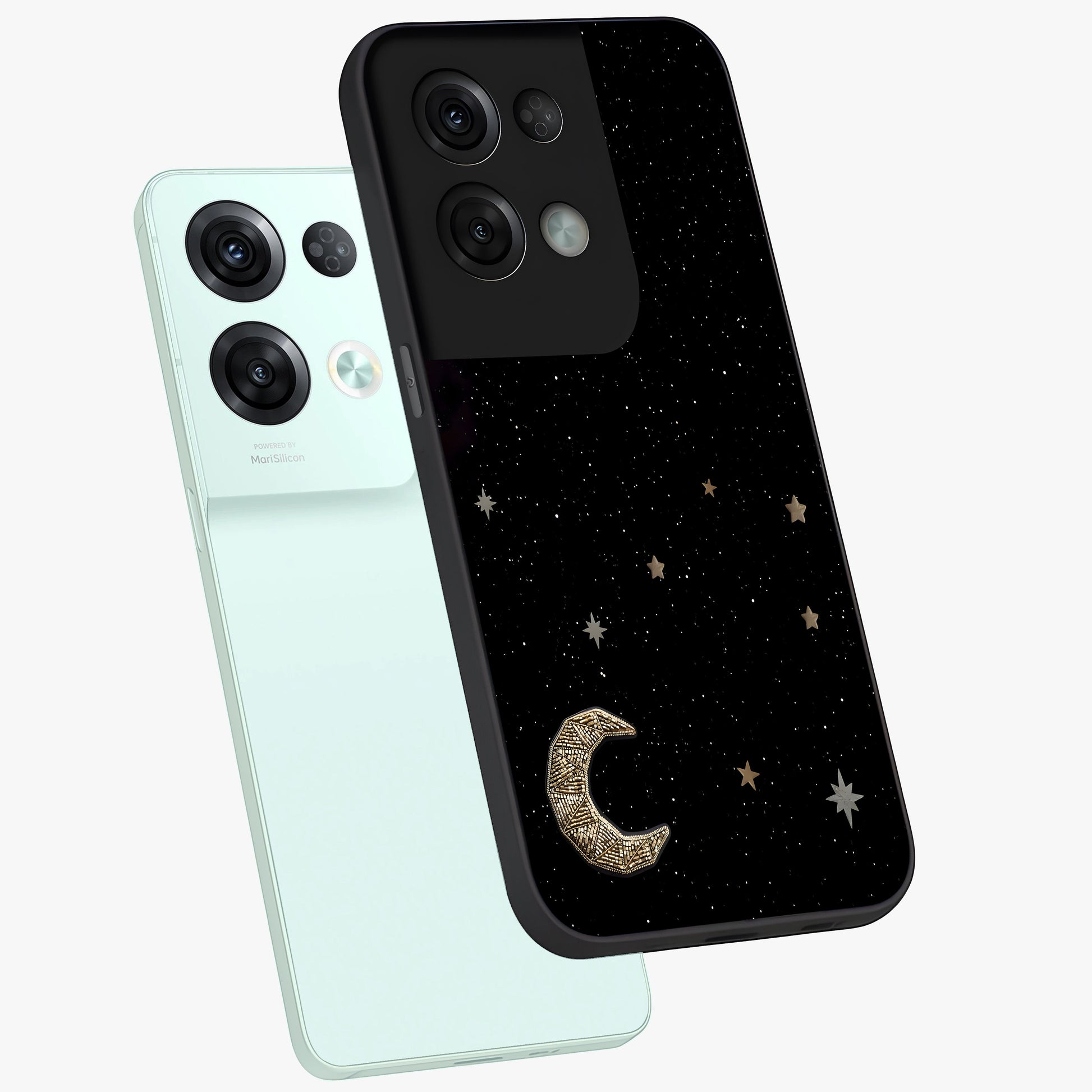 Twinkle Star With Half Moon Glass Case displayed in angled mockup highlighting celestial moon and star design with magical aesthetic.