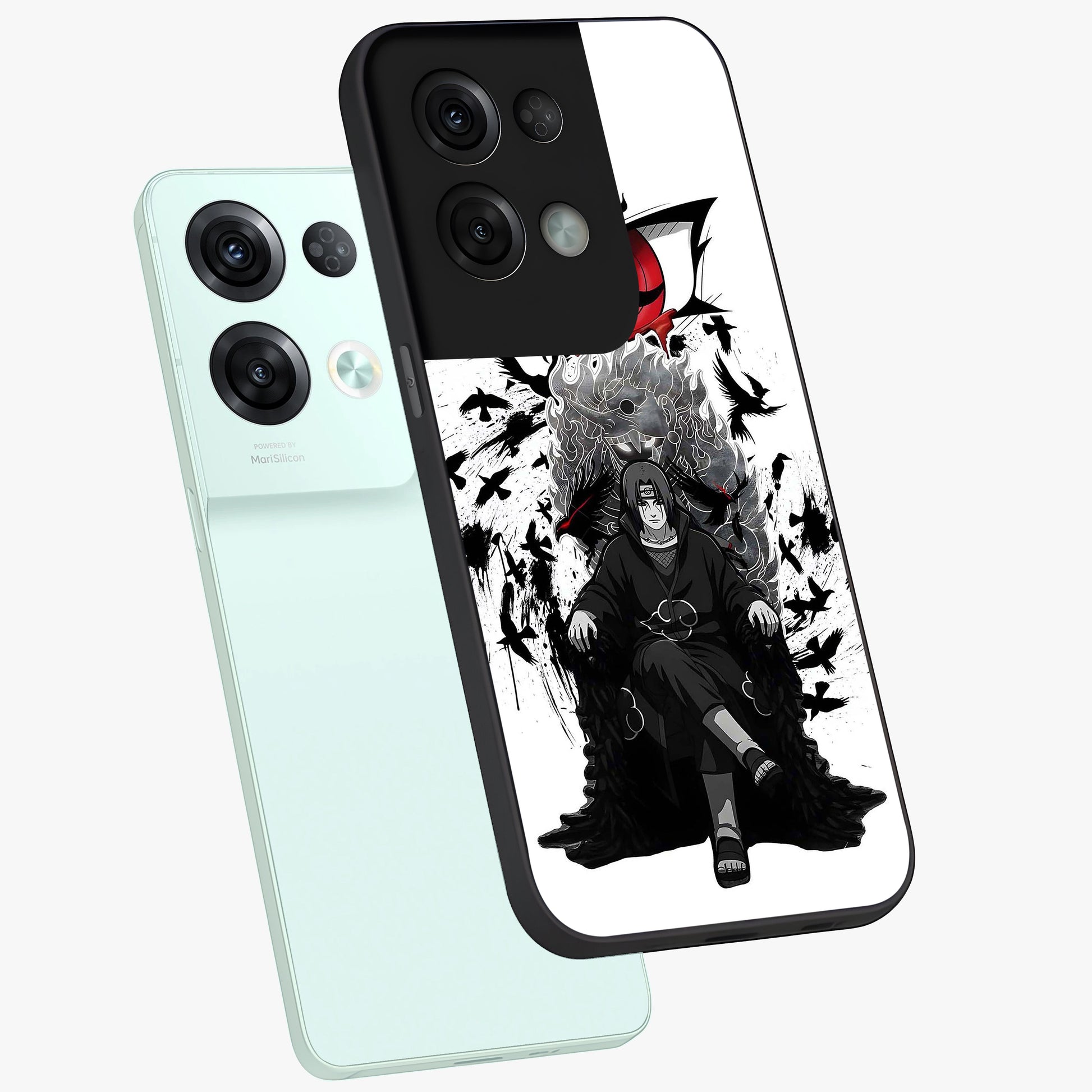 Uchiha Shadow Throne Glass Case displayed in angled mockup highlighting glowing aquatic design with celestial aesthetic.