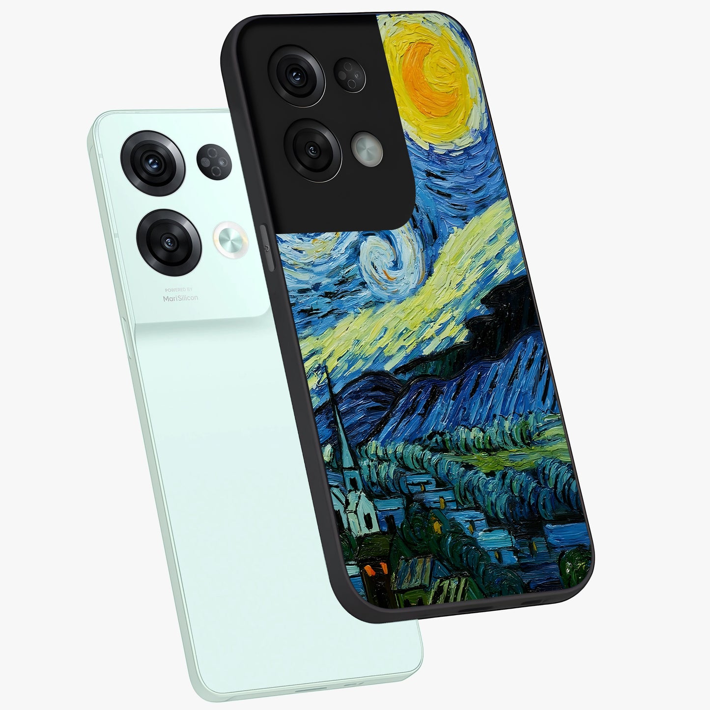 Van Gogh Art Glass Case displayed in angled mockup highlighting swirling brushstroke design with artistic aesthetic.