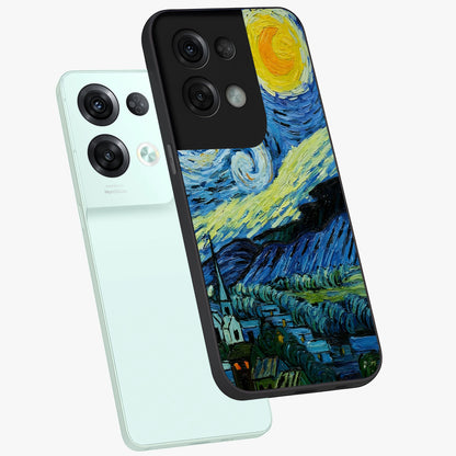 Van Gogh Art Glass Case displayed in angled mockup highlighting swirling brushstroke design with artistic aesthetic.