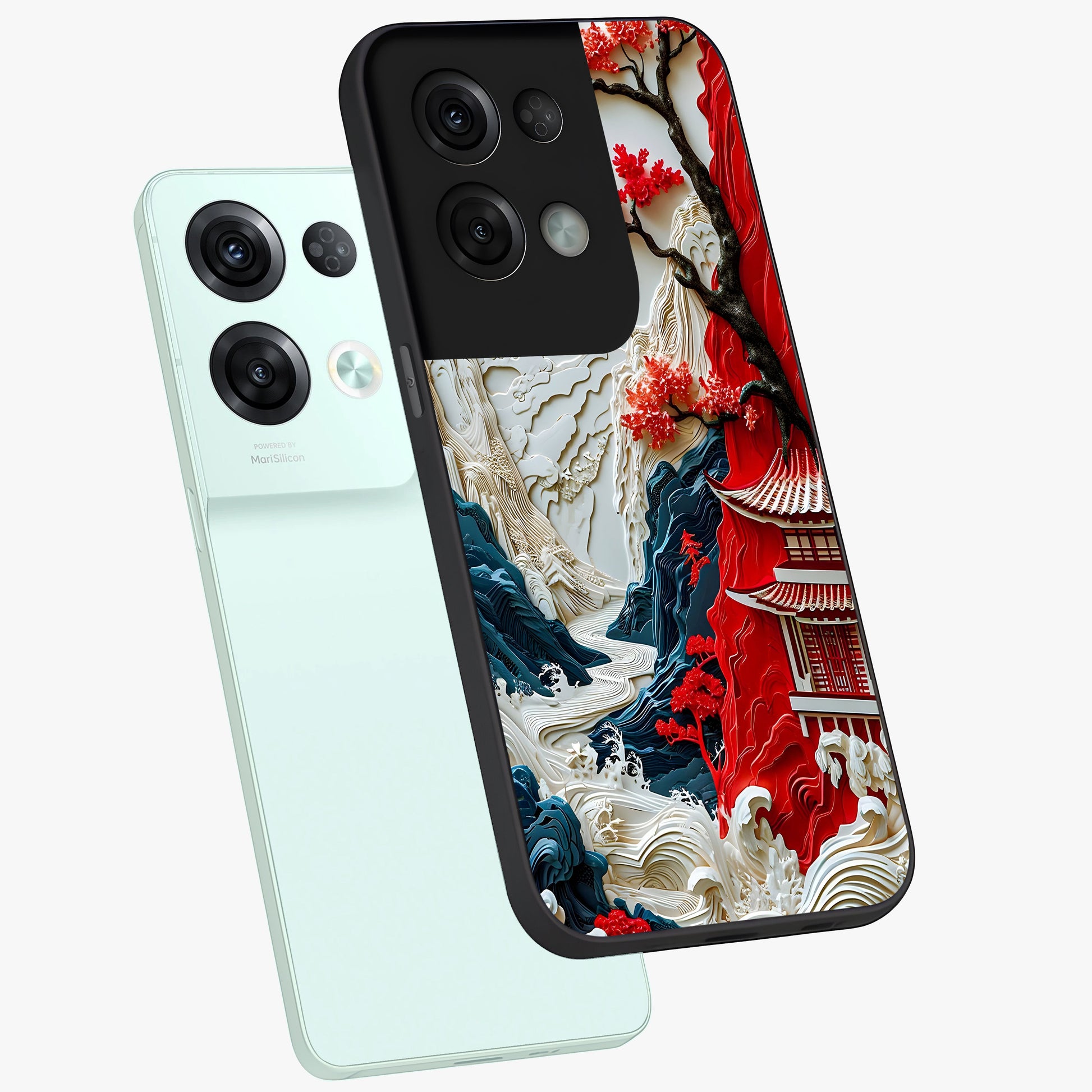 Whispers Of Sakura Waves Glass Case displayed in angled mockup highlighting flowing sakura design with soft floral aesthetic.