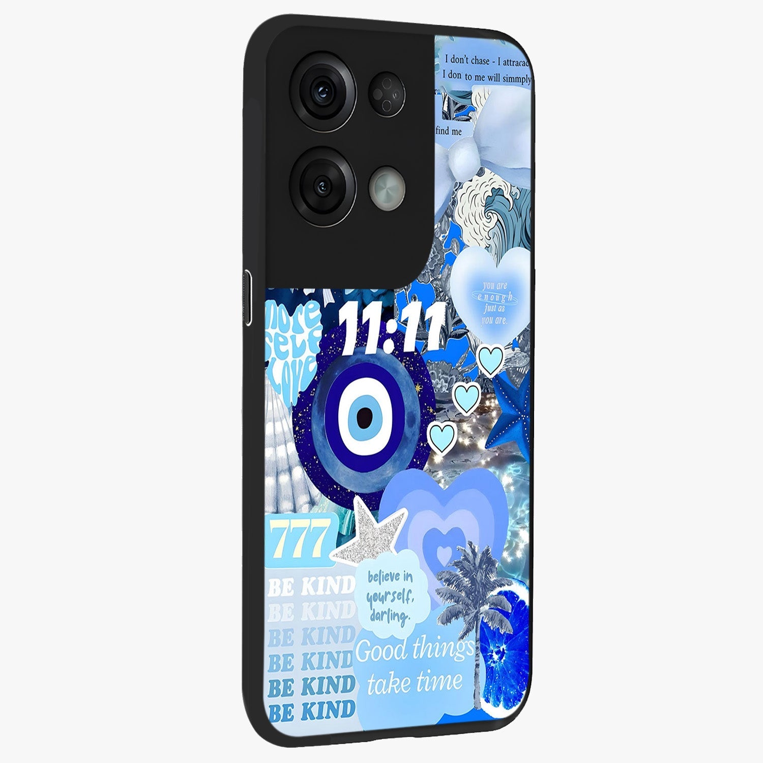 Aesthetic Be Kind Eye Glass Case upright view showcasing stylish eye illustration with positive message theme.