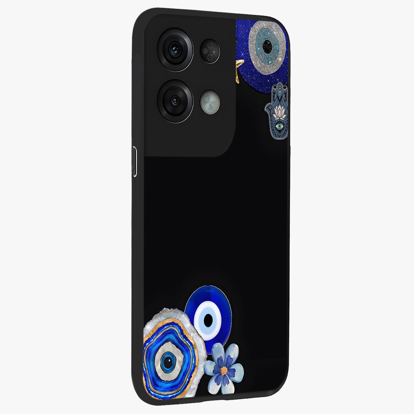 Aesthetic Blue Evil Eye Glass Case upright view showcasing mystical evil eye graphic with minimal aesthetic style.