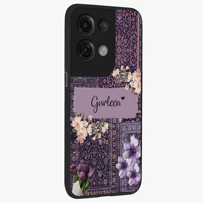 Antique Floral Whisper Custom Name Glass Case upright view showcasing delicate floral artwork with custom name feature.