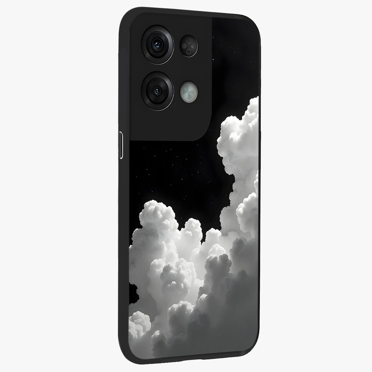 Black Background With White Cloud Glass Case upright view showcasing calm cloud aesthetic with modern minimal style.