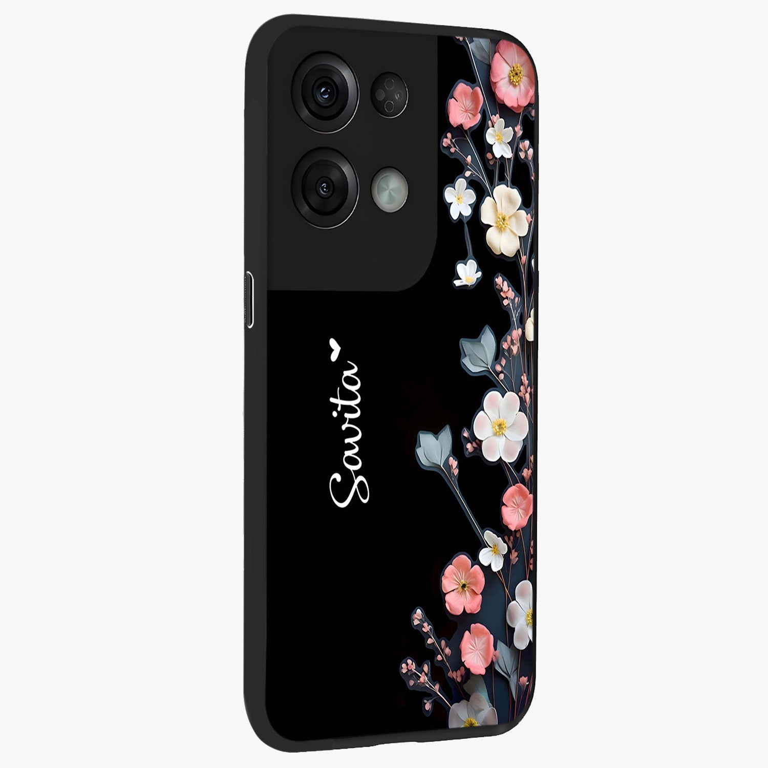 Black Elegance Floral Custom Name Glass Case upright view showcasing luxurious black floral design with personalized name detail.