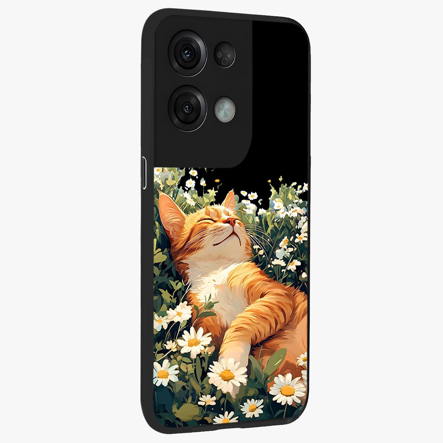 Blissful Bloom Cat Glass Case upright view showcasing charming cat design surrounded by blooming floral elements.