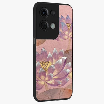 Blossom Mist Lotus Glass Case upright view showcasing graceful lotus flower design with peaceful botanical style.