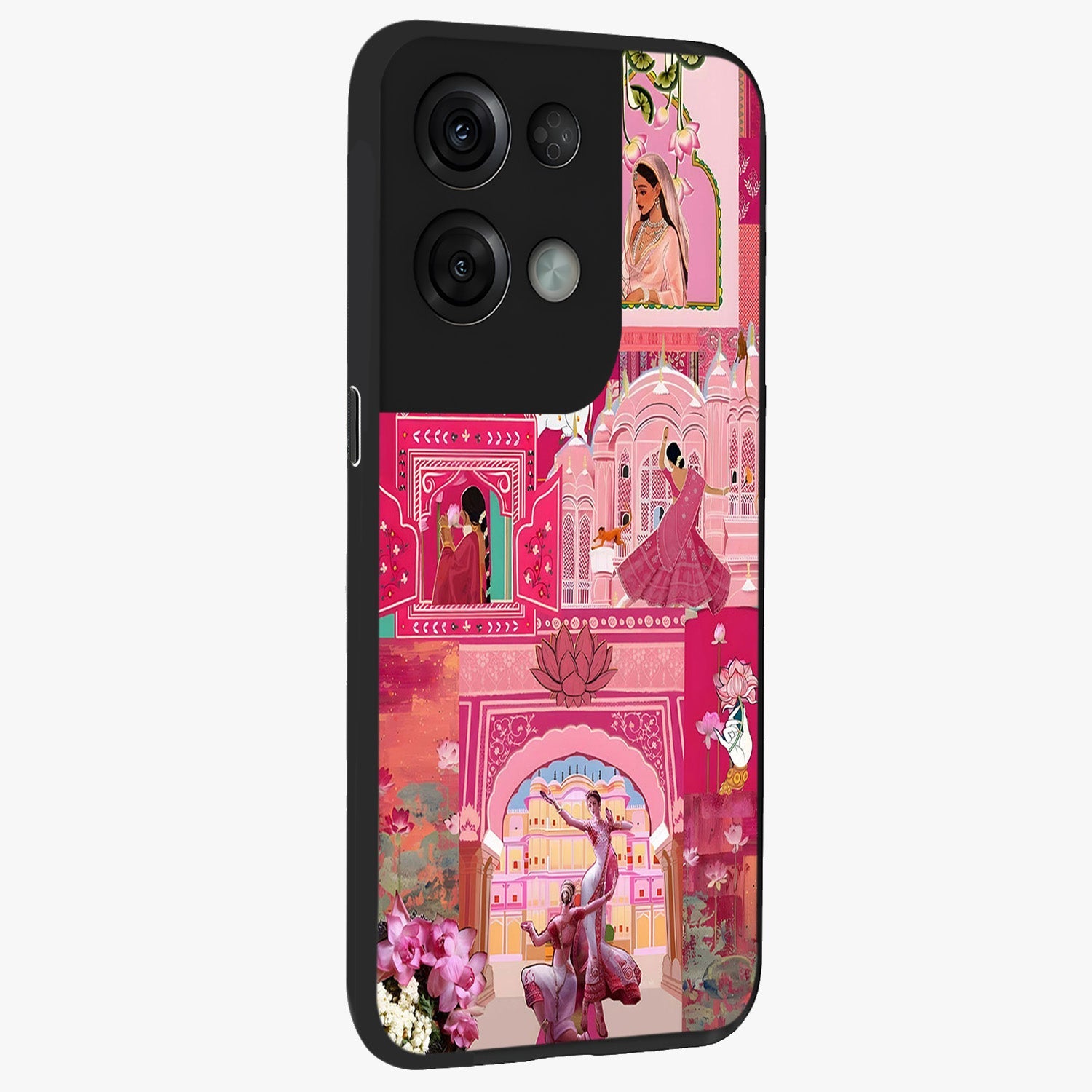 Blossoms of Rajasthan Glass Case upright view showcasing colorful floral design inspired by traditional Indian art.
