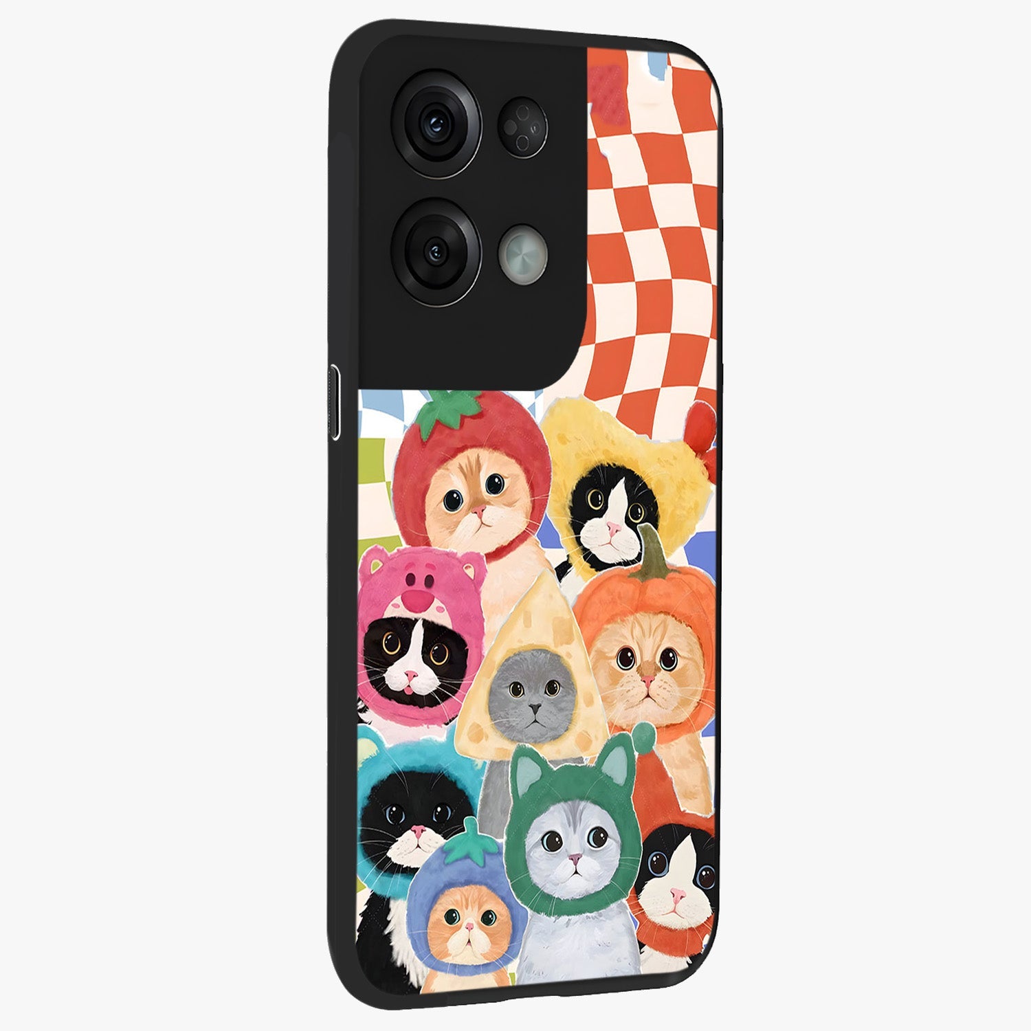 Cats in Fruits Glass Case upright view showcasing charming cat artwork with fun fruity theme.