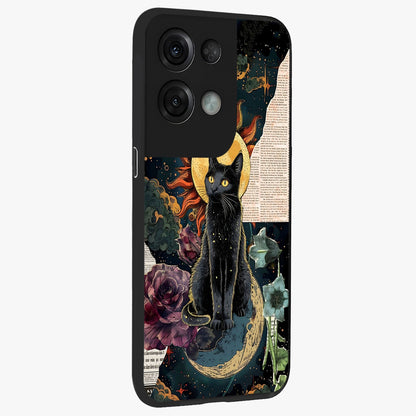 Celestial Black Cat Glass Case upright view showcasing magical black cat illustration with starry cosmic theme.