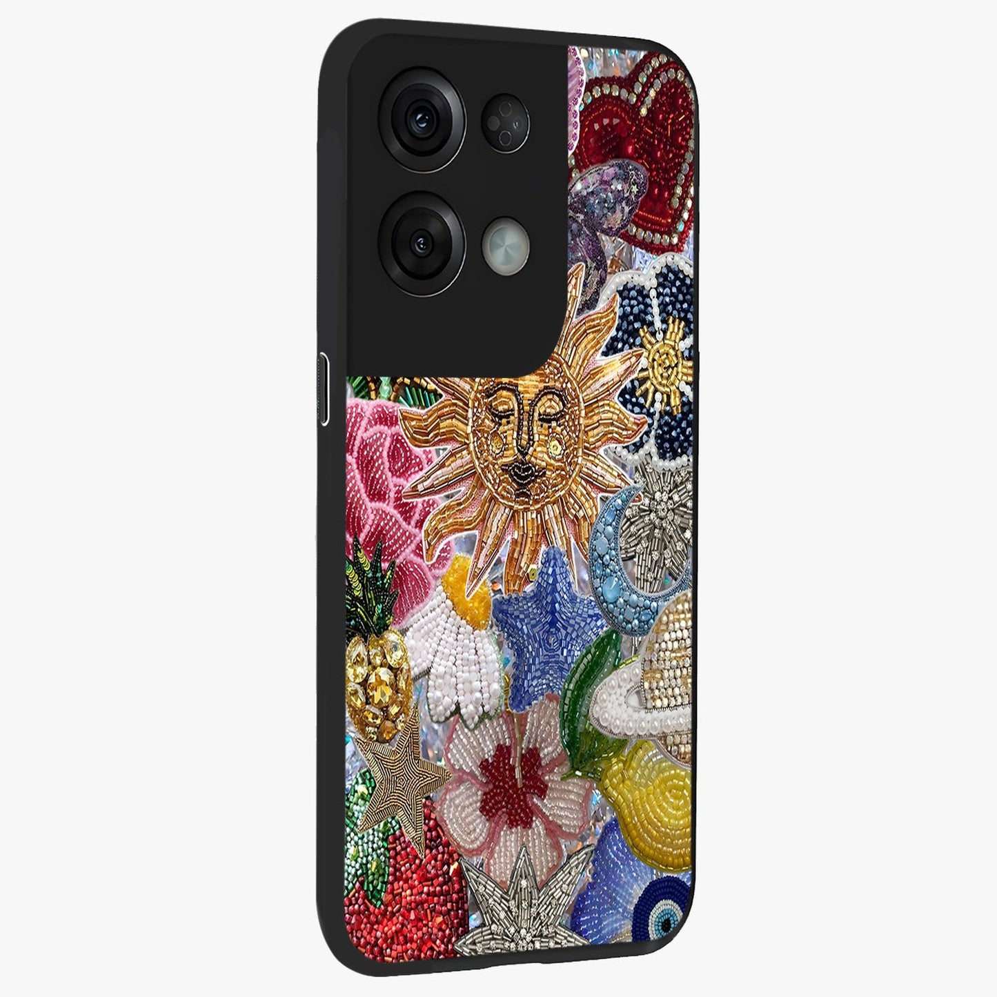 Celestial Floral and Playful Glass Case upright view showcasing whimsical floral artwork with cosmic aesthetic theme.