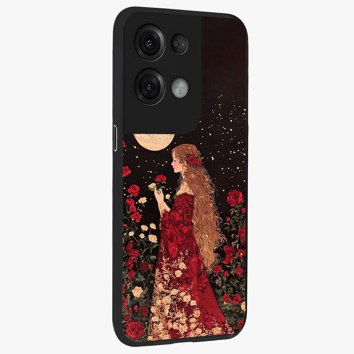 Crimson Dreams Glass Case upright view showcasing dreamy red toned artwork with modern aesthetic style.