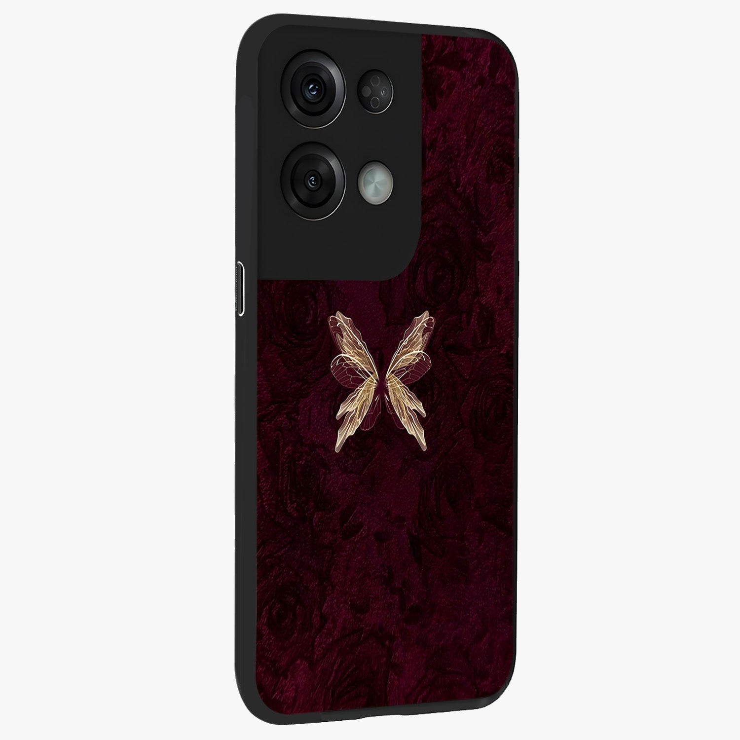 Crimson Fade Butterfly Glass Case upright view showcasing graceful butterfly artwork with soft crimson fade effect.