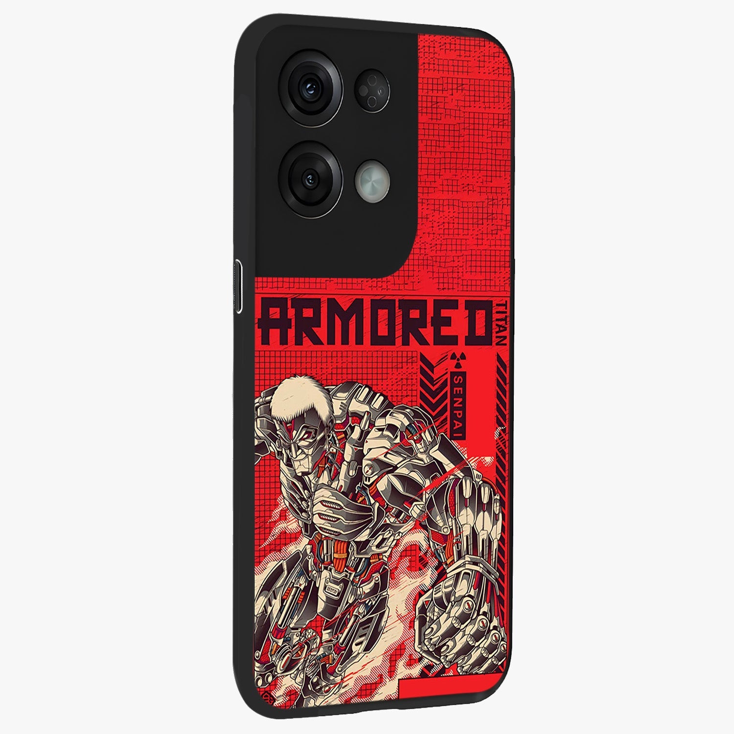 Crimson Mecha Titan Glass Case upright view showcasing dynamic robotic titan design with sci-fi inspired theme.