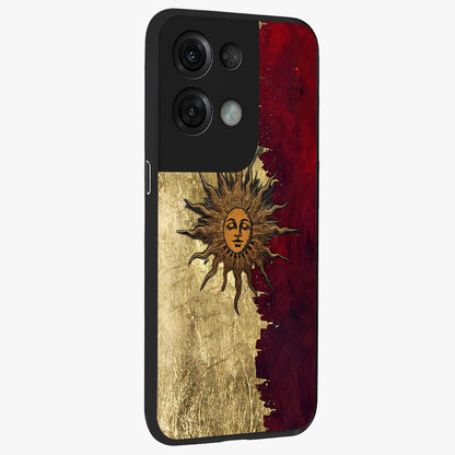 Crimson Sun Majesty Glass Case upright view showcasing vibrant sun artwork with powerful celestial theme.