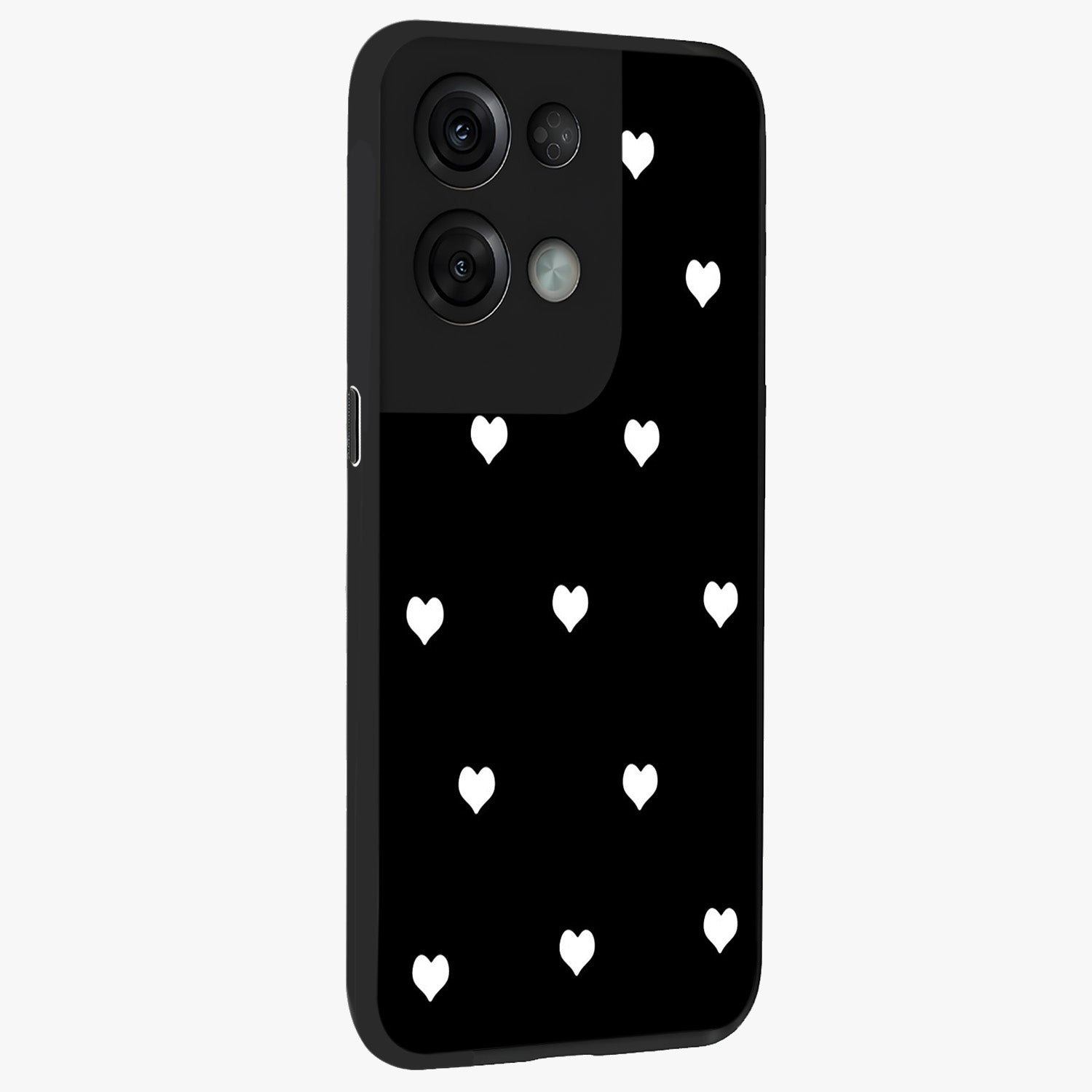 Cute And Simple White Hearts Glass Case upright view showcasing simple white hearts artwork with soft minimal theme.