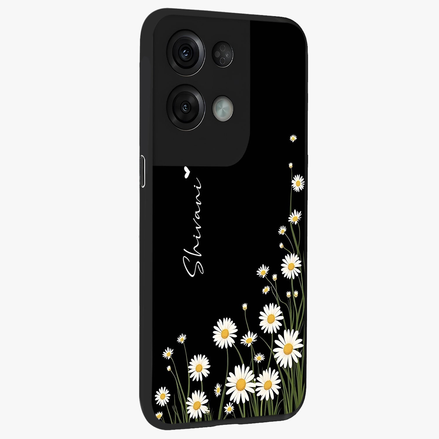 Daisy Cascade Custom Name Glass Case upright view showcasing elegant floral cascade design with personalized aesthetic.