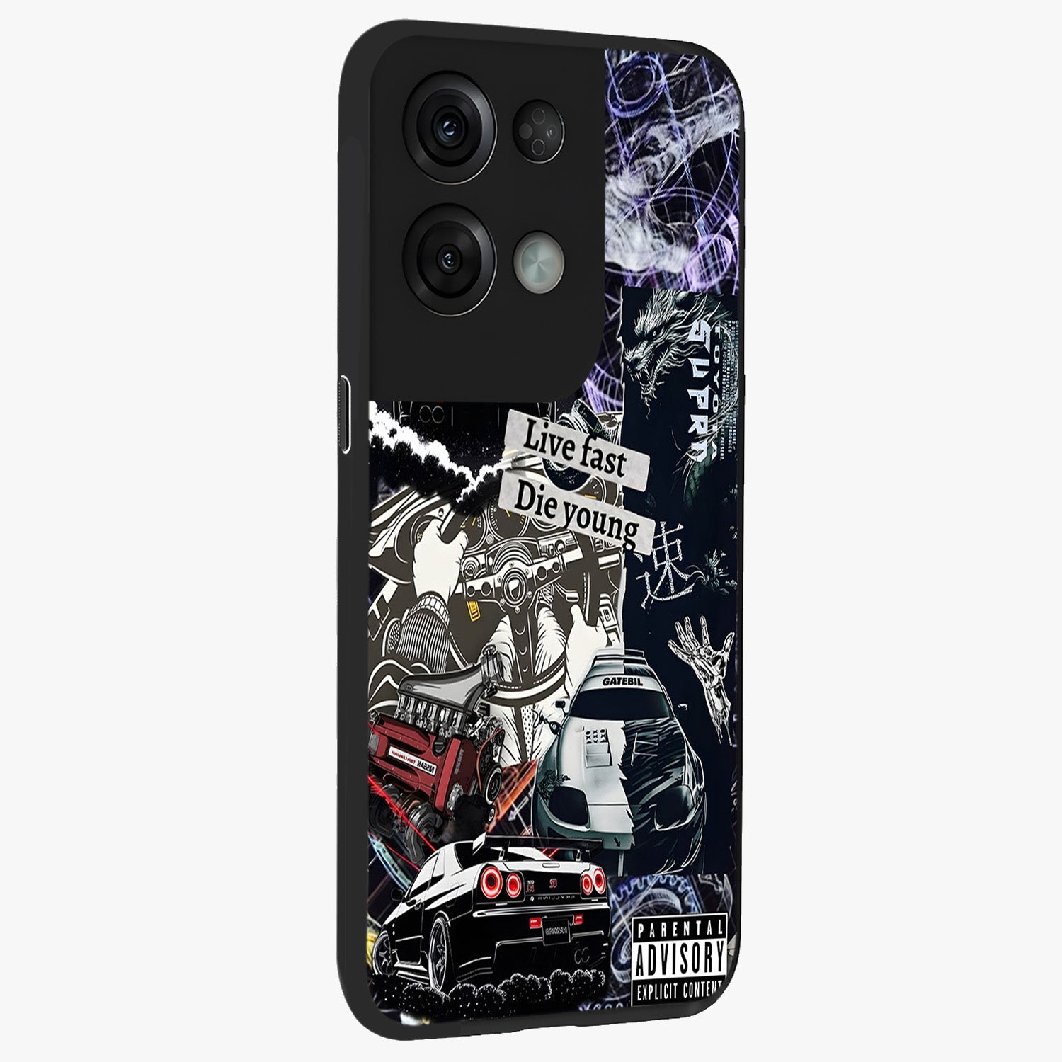 Die Young Glass Case upright view showcasing striking typography artwork with modern statement theme.