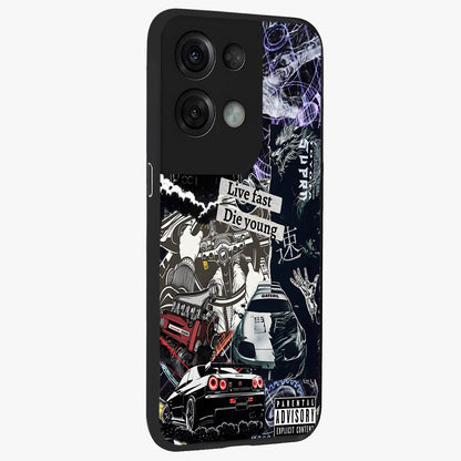 Die Young Glass Case upright view showcasing striking typography artwork with modern statement theme.