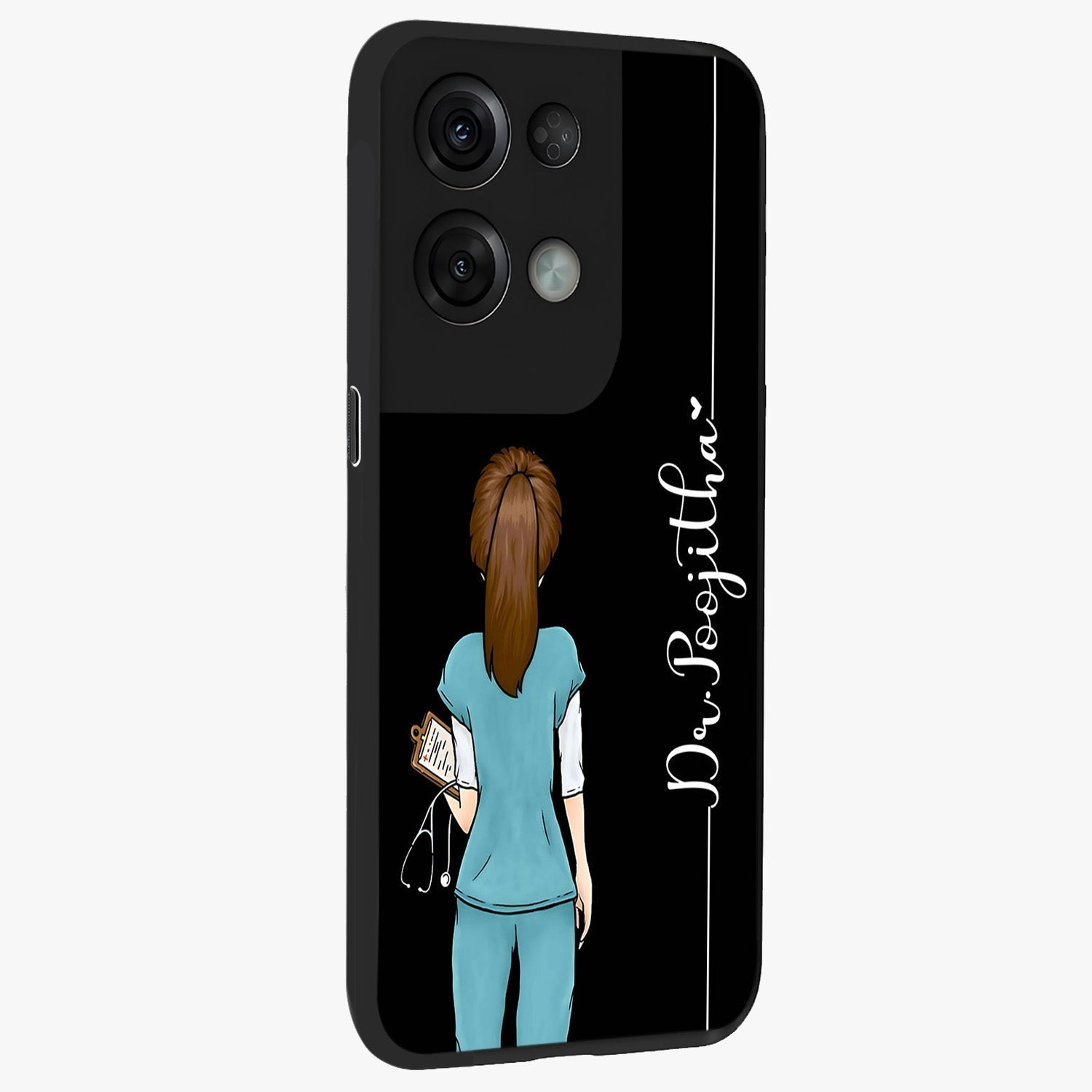 Doctor Pattern Custom Name Glass Case upright view showcasing healthcare themed design with personalized aesthetic.