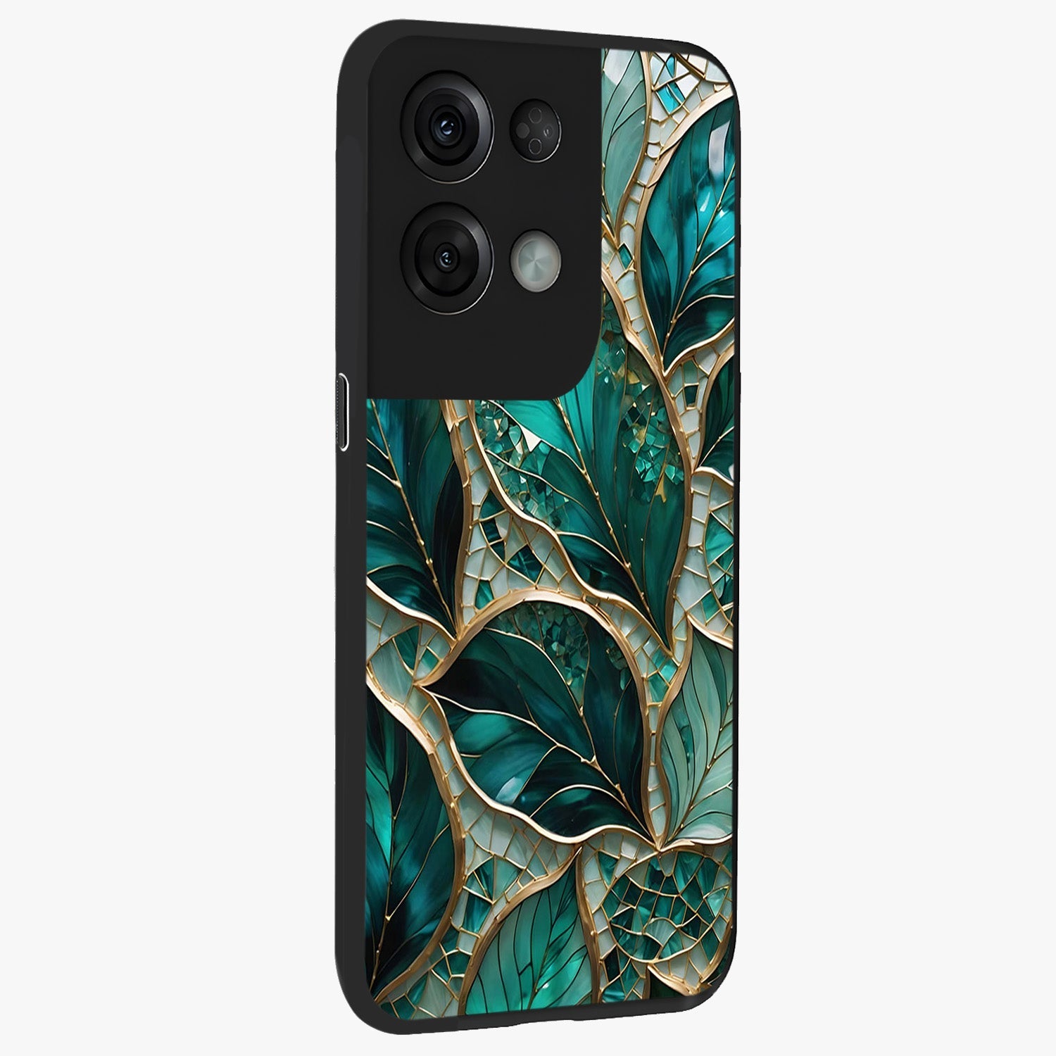 Emerald Leaf Glass Glass Case upright view showcasing fresh green leaf artwork with calming nature inspired style.