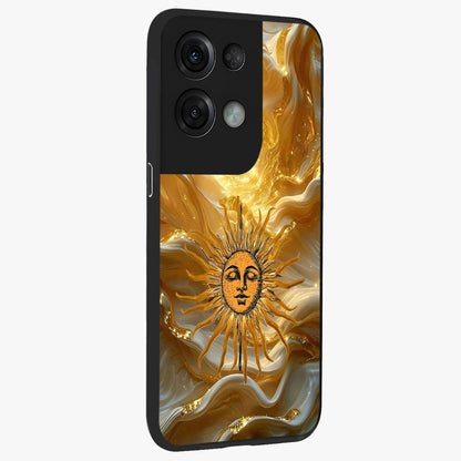 Eternal Golden Glow Glass Case upright view showcasing luminous golden artwork with luxurious visual theme.