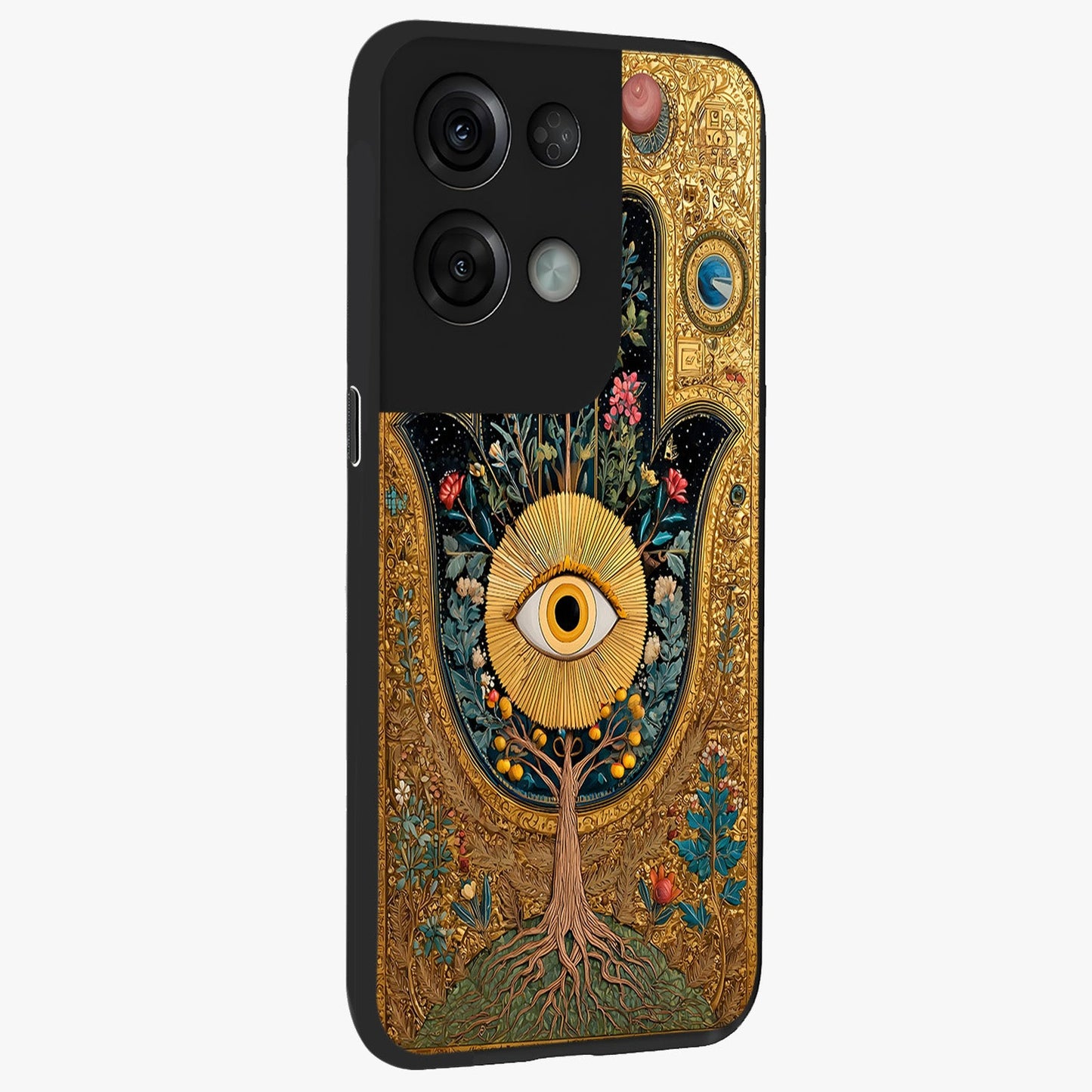 Ethereal Evil Eye Glass Case upright view showcasing celestial evil eye artwork with mystical theme.