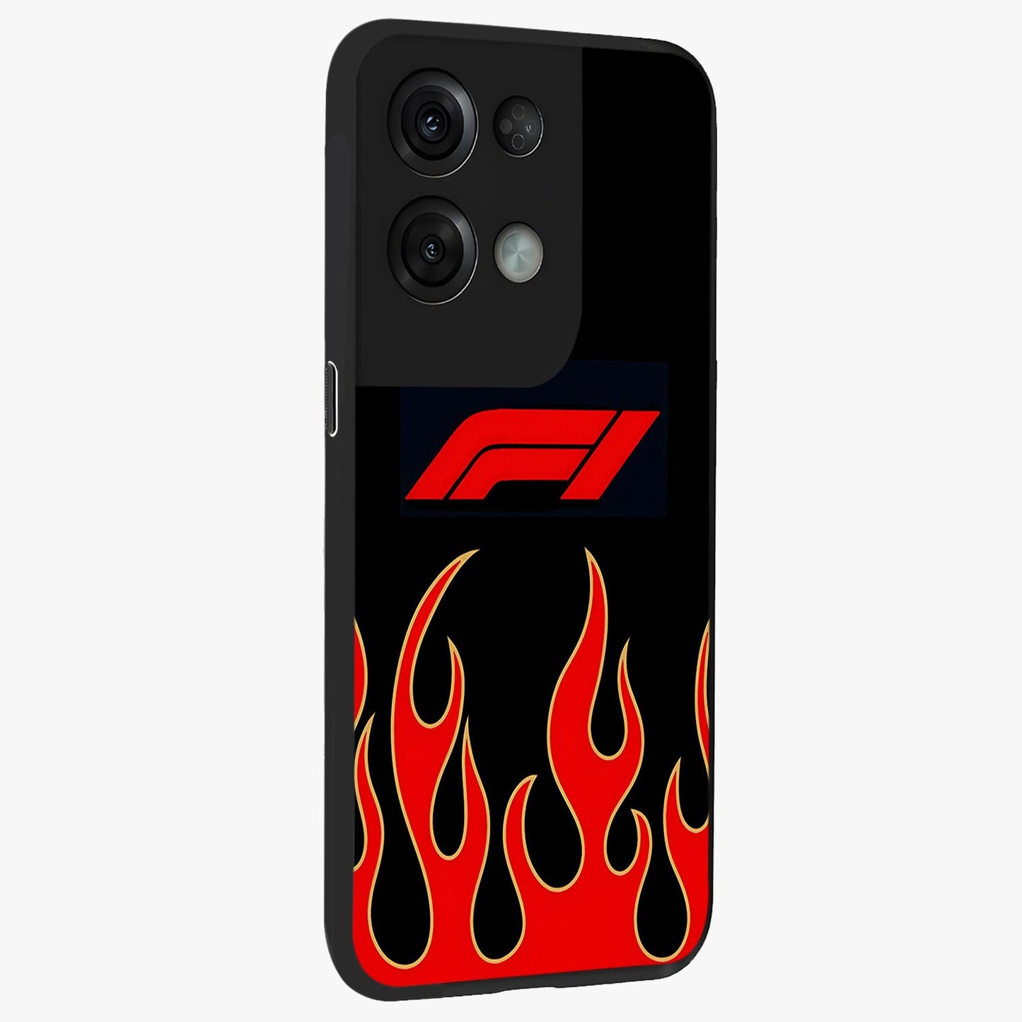 Fire F11 Glass Case upright view showcasing dynamic flame artwork with intense visual theme.
