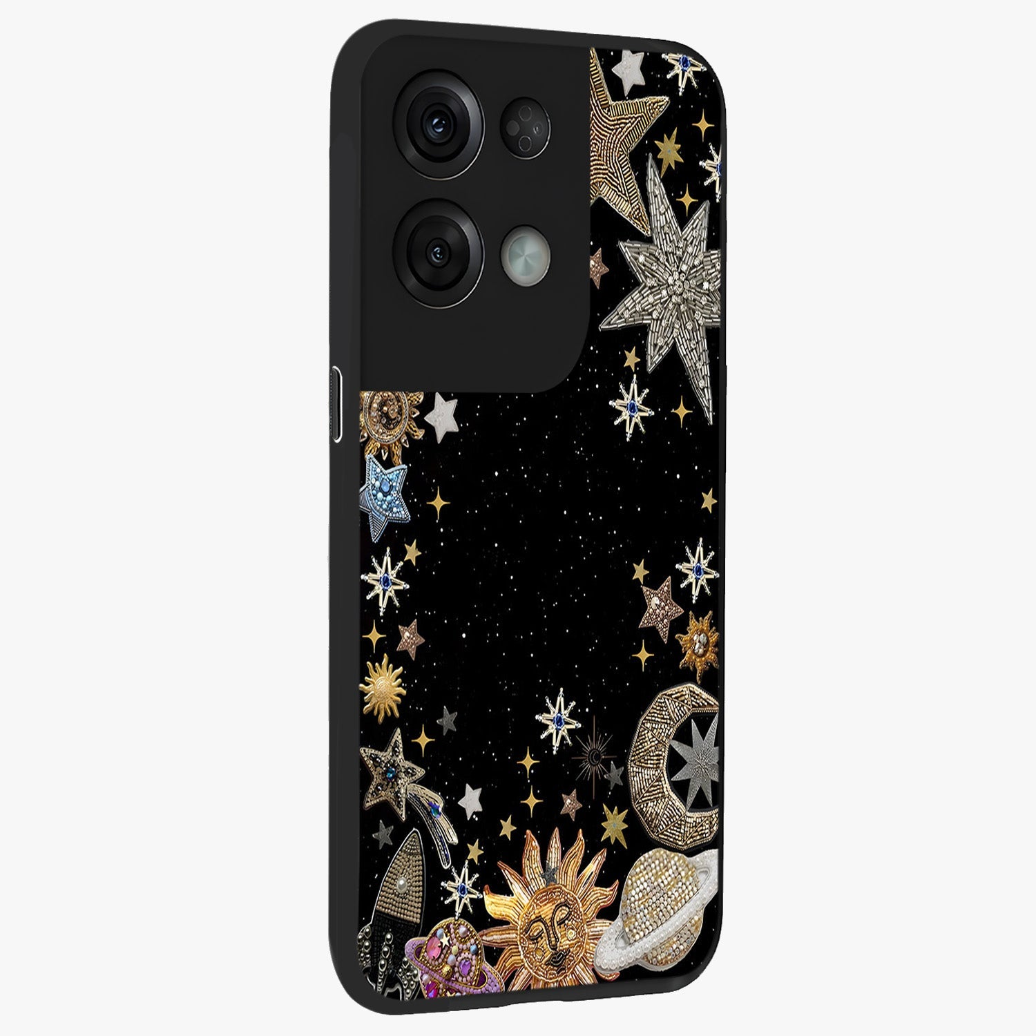Galactic Jewel Stars Glass Case upright view showcasing glittering star jewel artwork with vibrant galaxy theme.