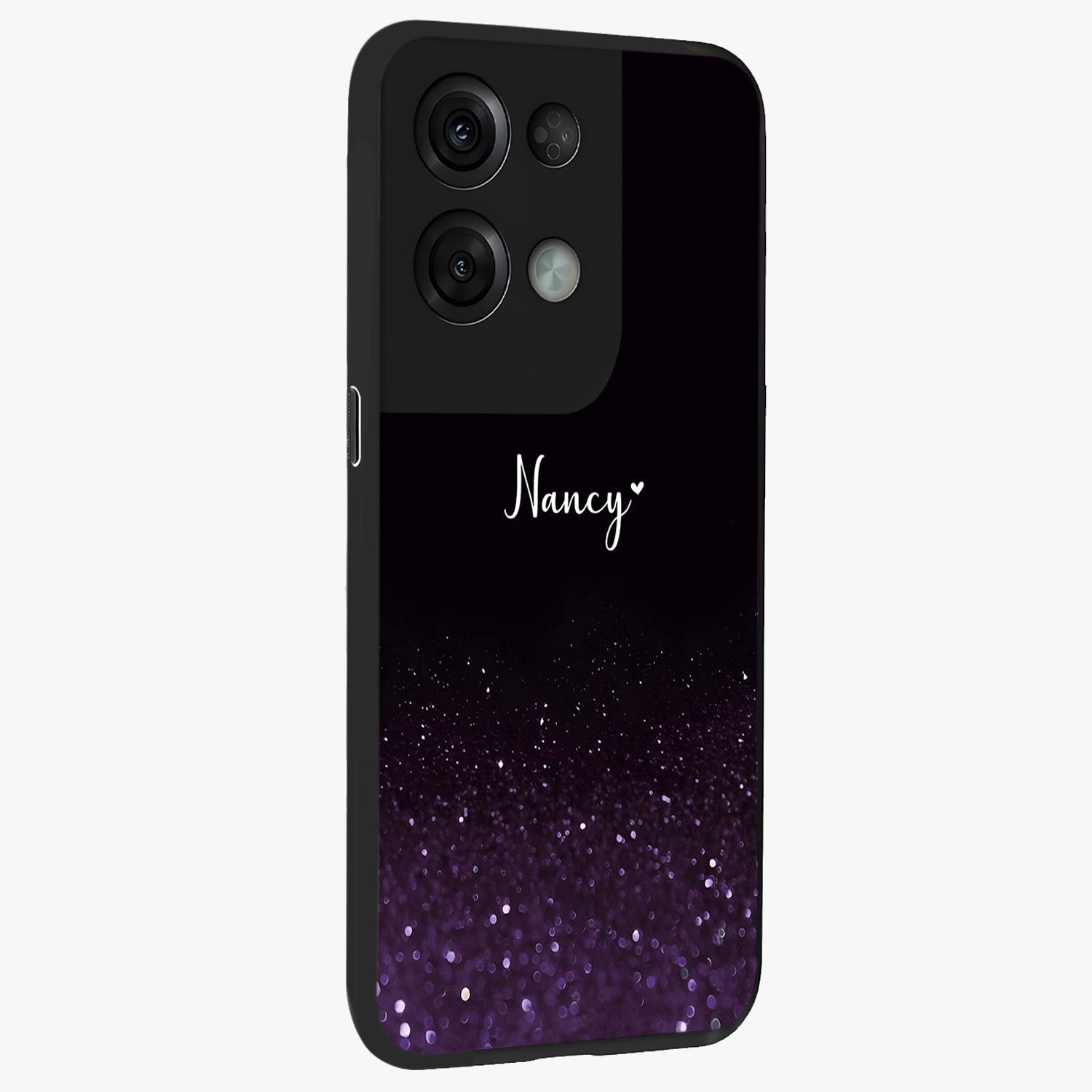 Glittery Purple Bokeh Custom Name Glass Case upright view showcasing vibrant purple sparkle artwork with personalized aesthetic style.