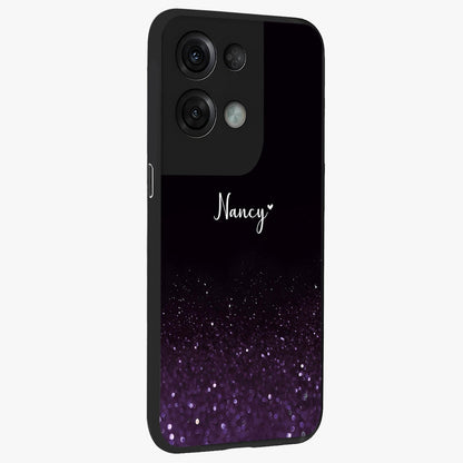 Glittery Purple Bokeh Custom Name Glass Case upright view showcasing vibrant purple sparkle artwork with personalized aesthetic style.