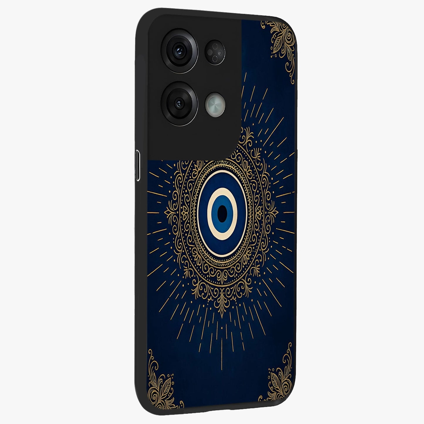 Golden Celestial Charm Glass Case upright view showcasing radiant celestial artwork with elegant golden theme.