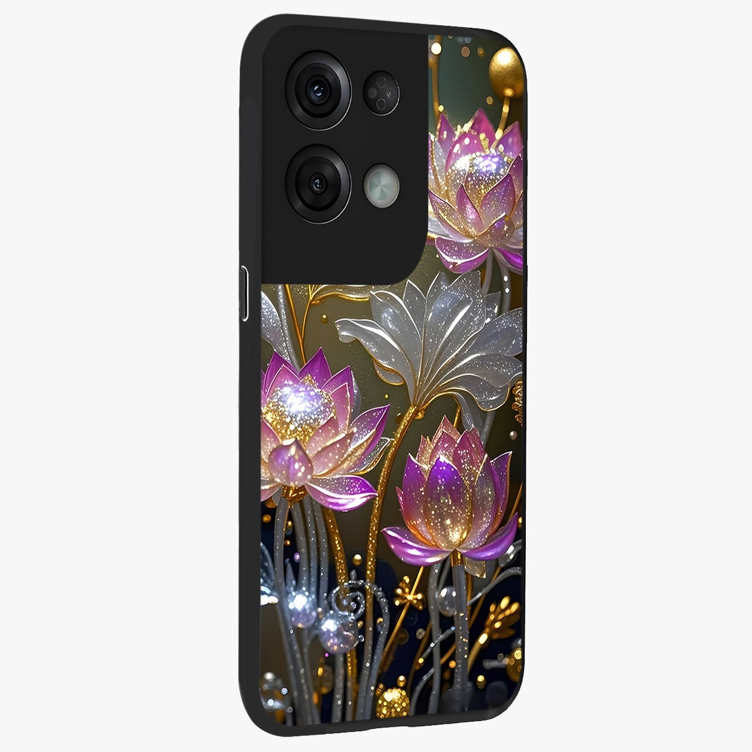 Golden Floral Majesty Glass Case upright view showcasing majestic floral artwork with rich decorative theme.