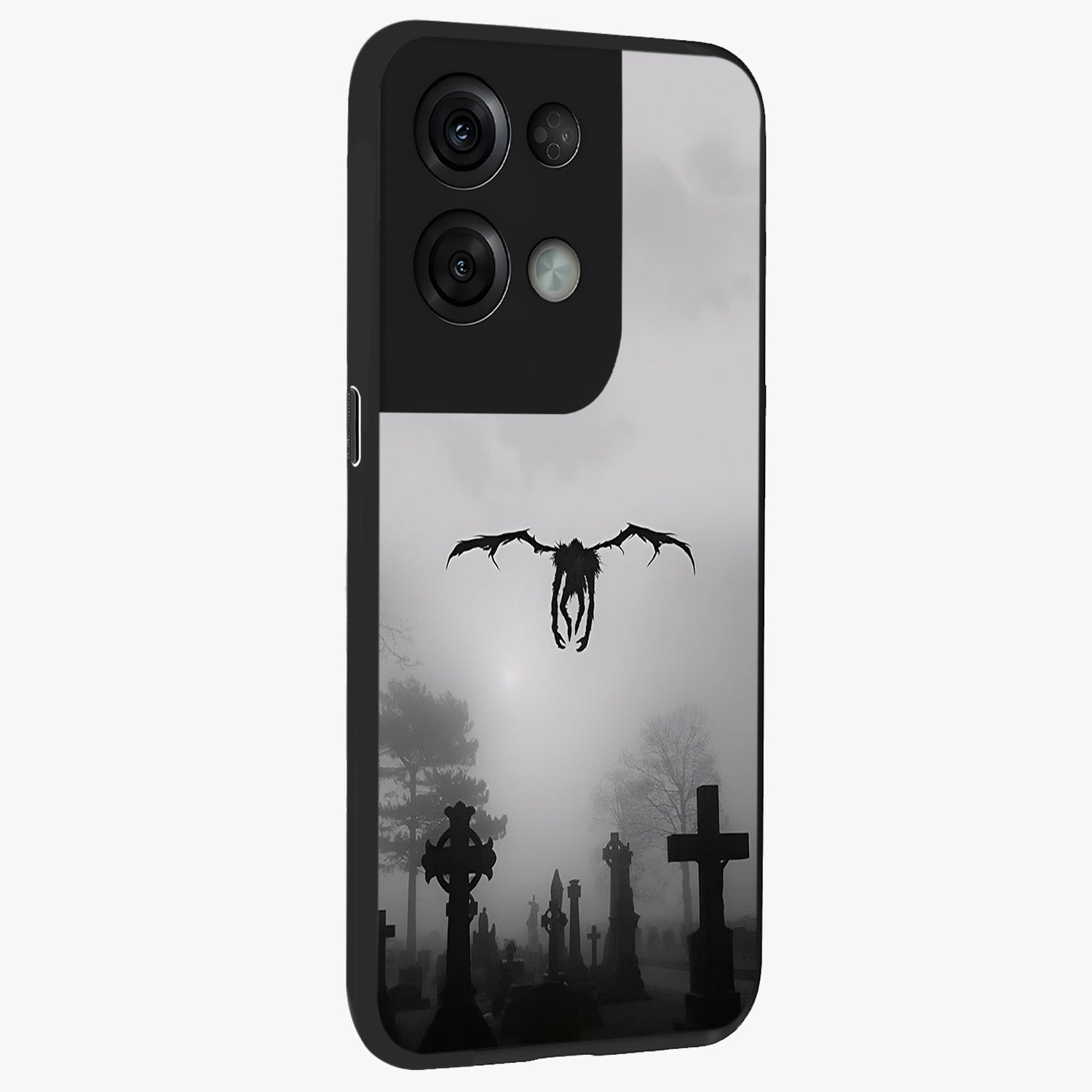 Graveyard Shadow Descent Glass Case upright view showcasing haunting graveyard artwork with dramatic dark theme.