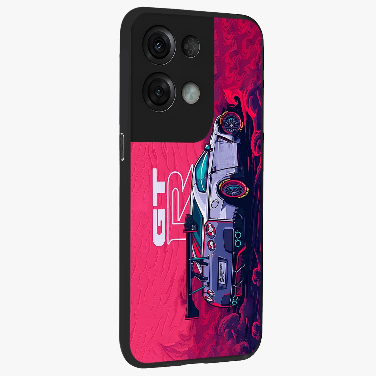 GT-R Car Pattern Glass Case upright view showcasing dynamic car pattern artwork with modern sports theme.