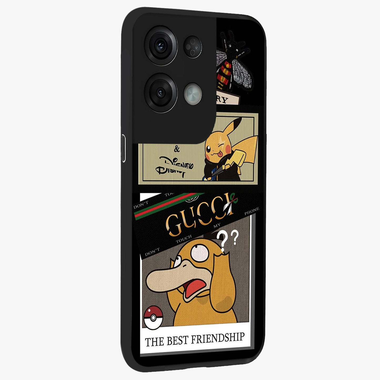 Gucci Play Mashup Glass Case upright view showcasing trendy luxury inspired artwork with modern fashion theme.