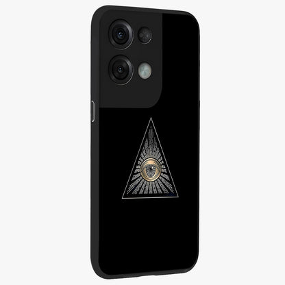 Illuminati Evil Glass Case upright view showcasing striking illuminati artwork with mysterious symbolic theme.