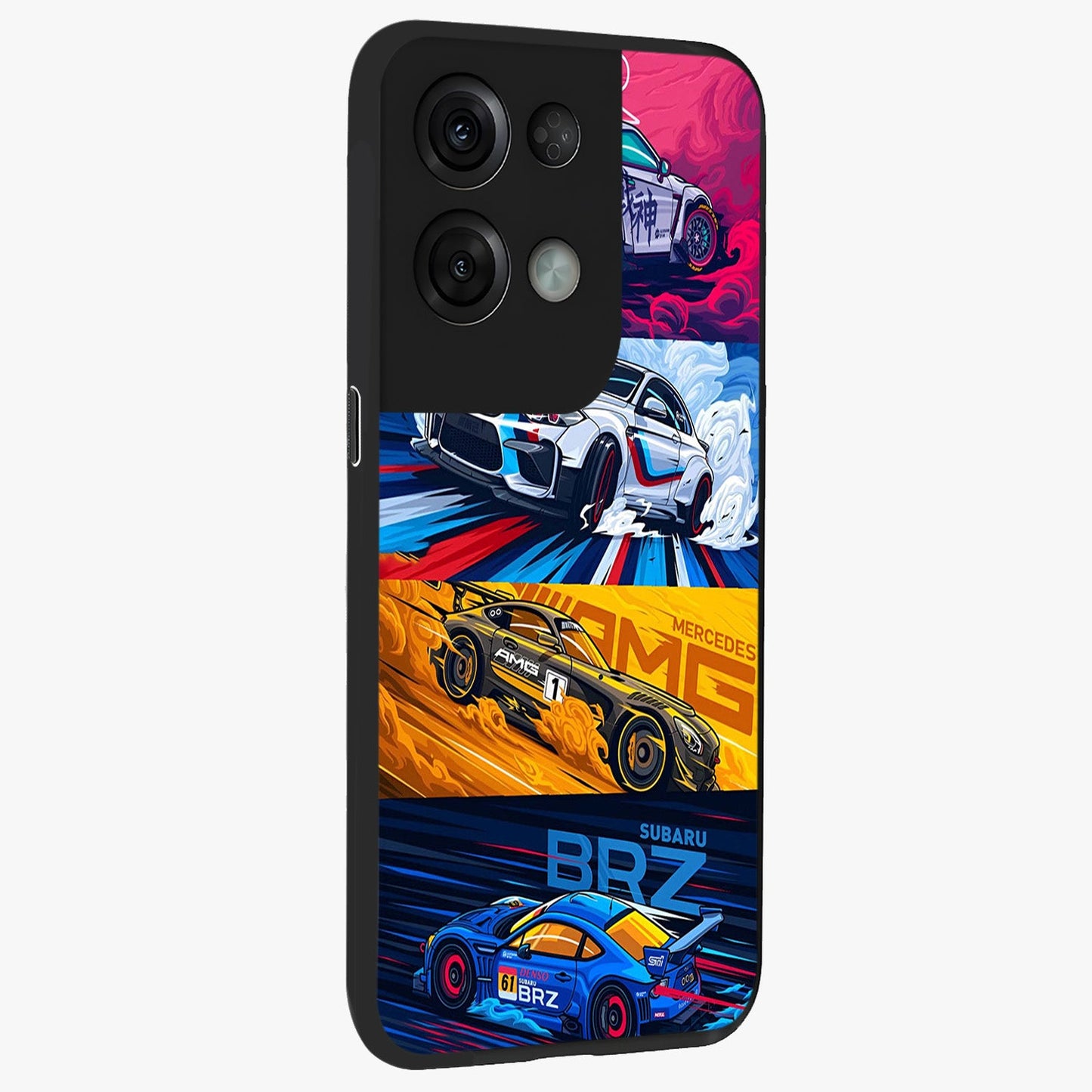 JDM Sports Car Glass Case upright view showcasing dynamic sports car artwork with bold racing theme.