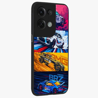 JDM Sports Car Glass Case upright view showcasing dynamic sports car artwork with bold racing theme.