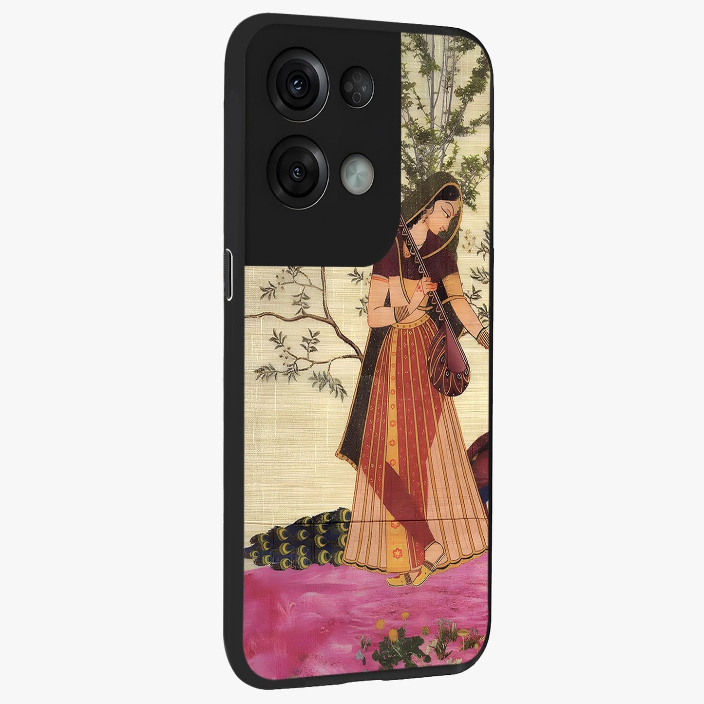 Lady With Veena Art Glass Case upright view showcasing classical veena artwork with traditional artistic theme.