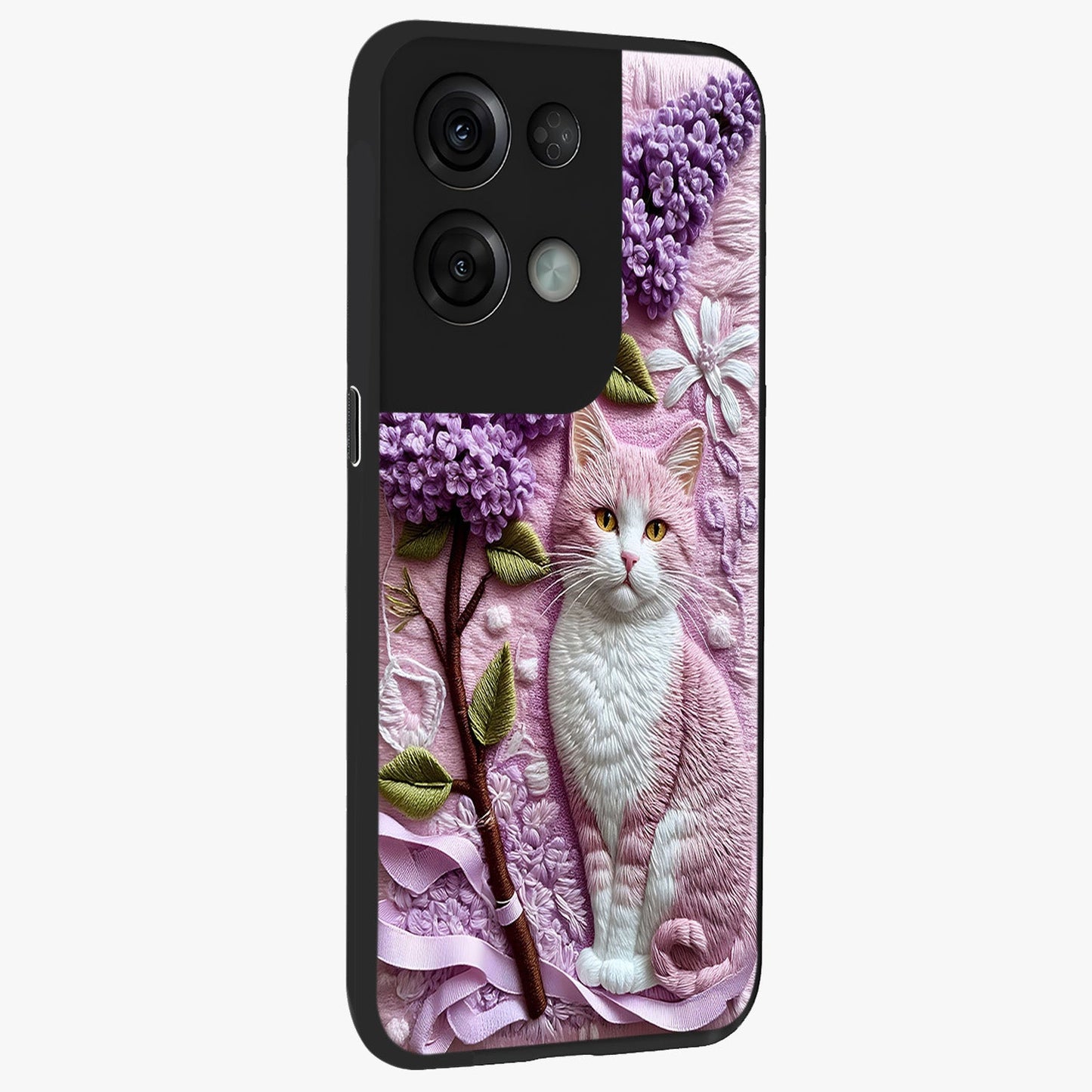 Lavender Cat Whimsy Glass Case upright view showcasing charming cat artwork with whimsical lavender theme.