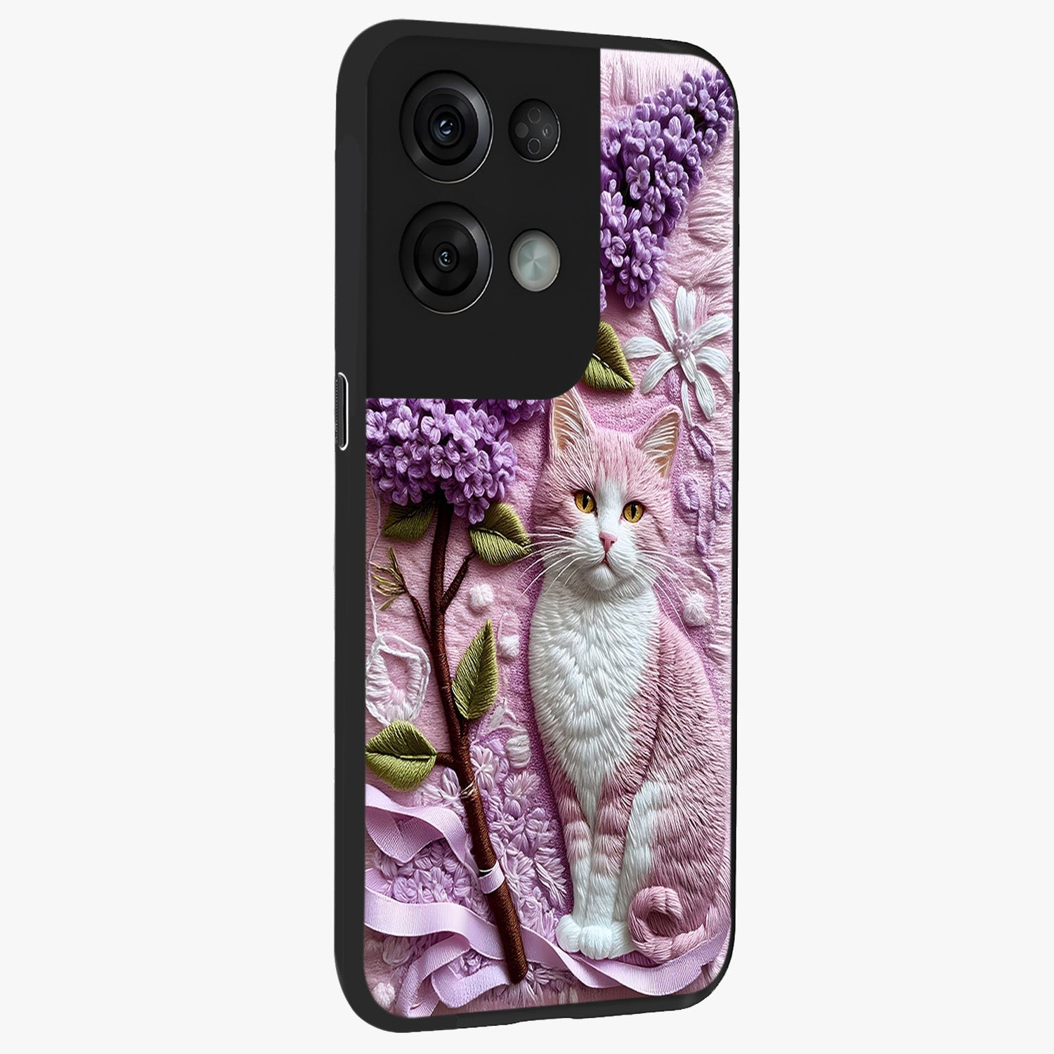 Lavender Cat Whimsy Glass Case upright view showcasing charming cat artwork with whimsical lavender theme.
